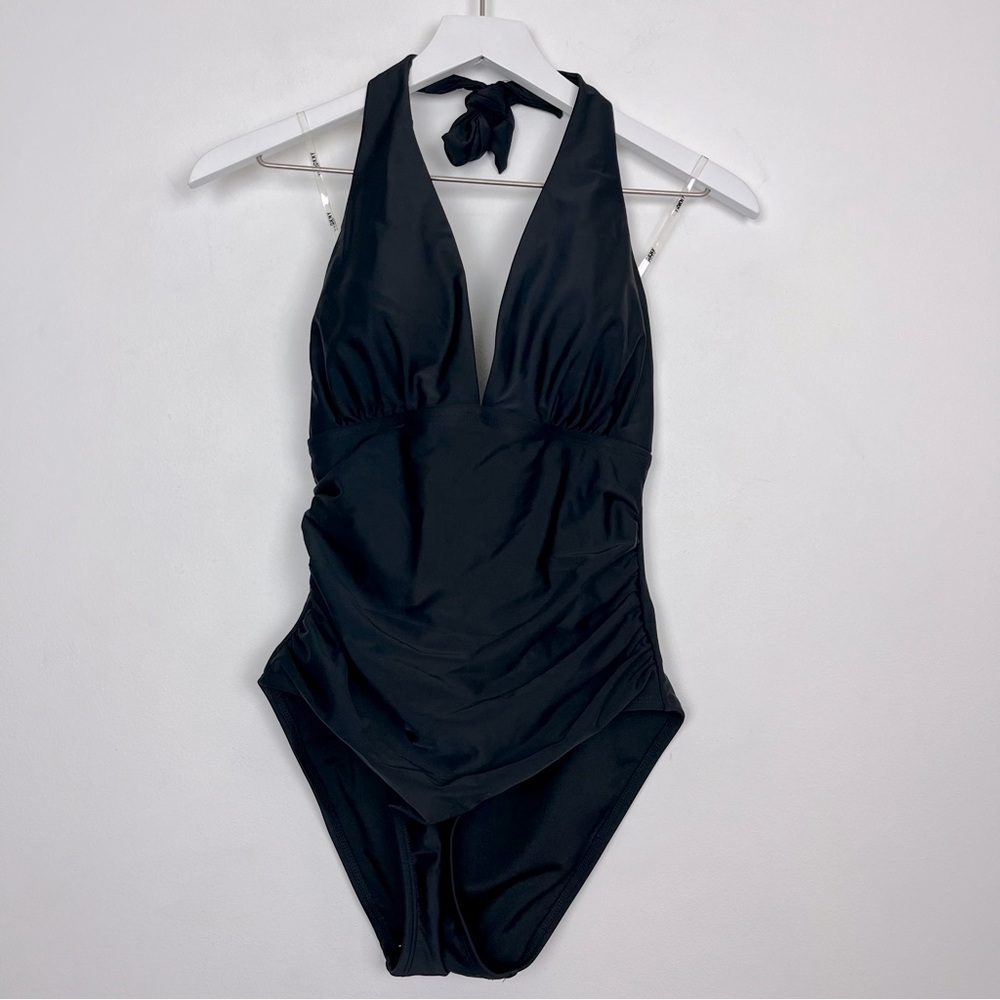 New DKNY Ladies Halter Shirred Swimsuit Black